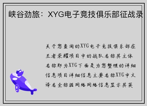 峡谷劲旅：XYG电子竞技俱乐部征战录